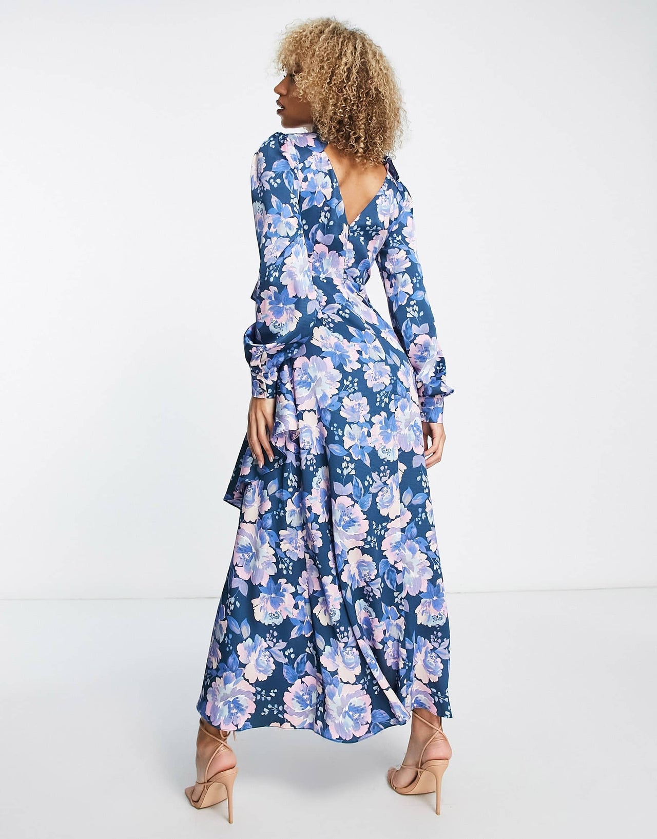 Liquorish wrap front maxi dress with frill detail in dark green floral