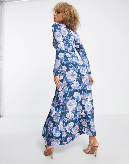 Liquorish satin modest maxi dress in dark blue floral