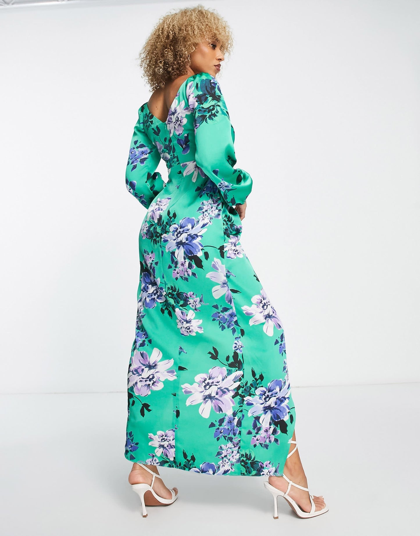 Liquorish satin wrap maxi dress with blouson sleeve in green floral print