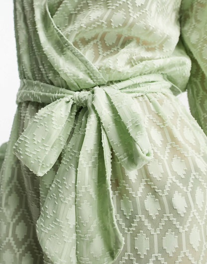 ASOS DESIGN plunge beach playsuit in floaty sheer jacquard in sage