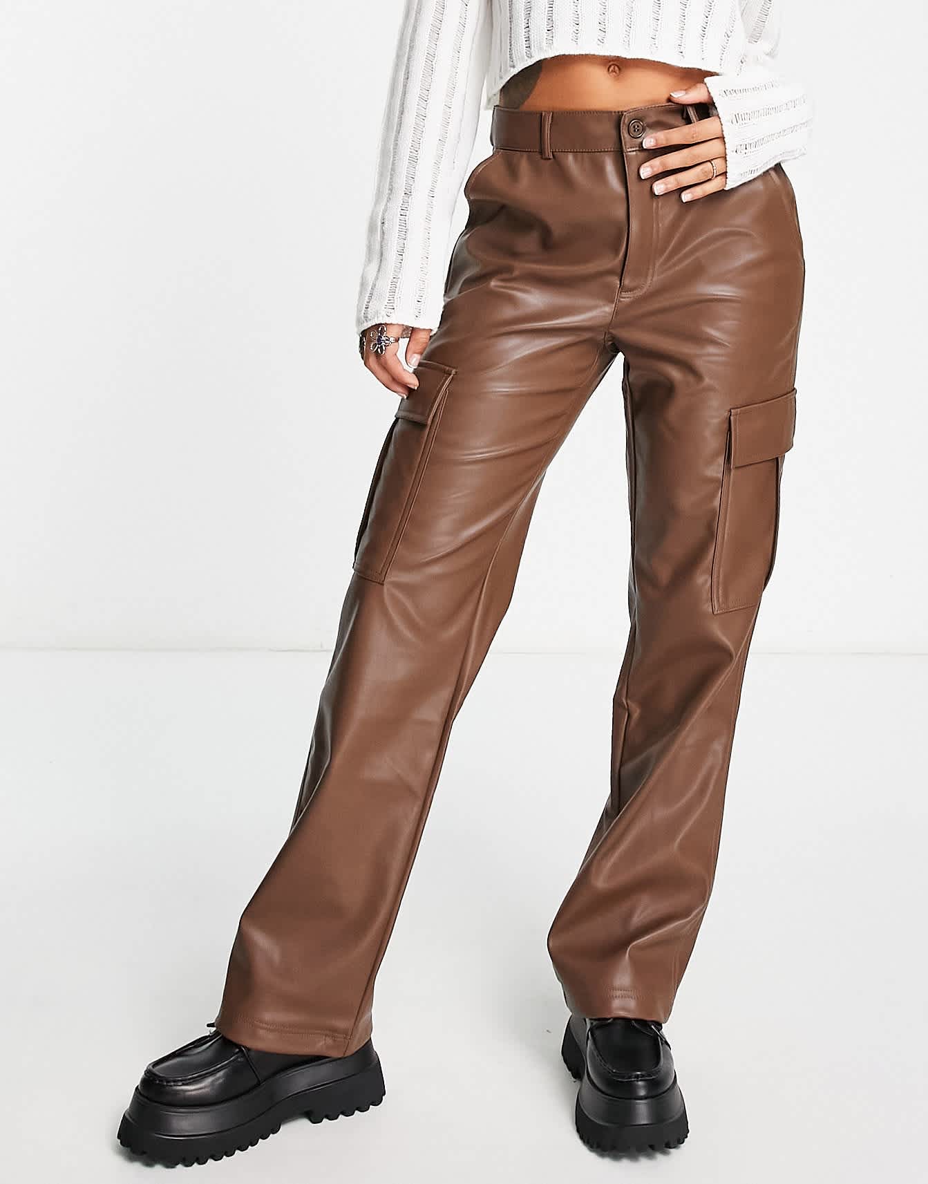 Stradivarius STR faux leather straight leg cargo trouser in brown