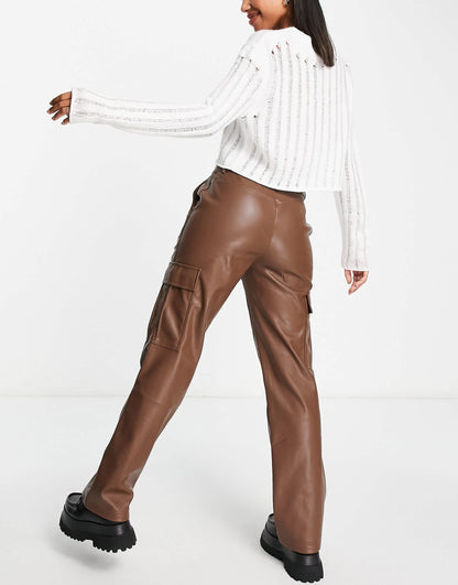 Stradivarius STR faux leather straight leg cargo trouser in brown