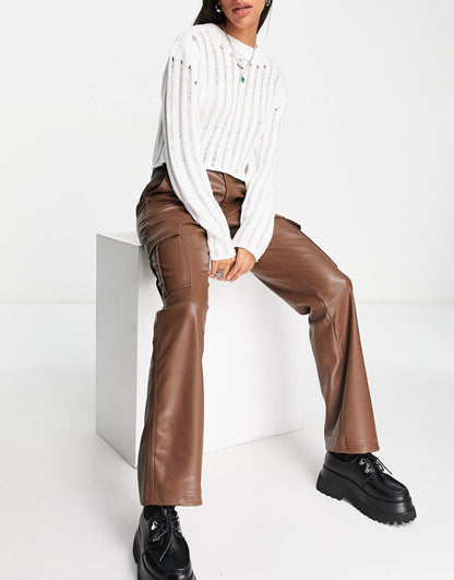 Stradivarius STR faux leather straight leg cargo trouser in brown