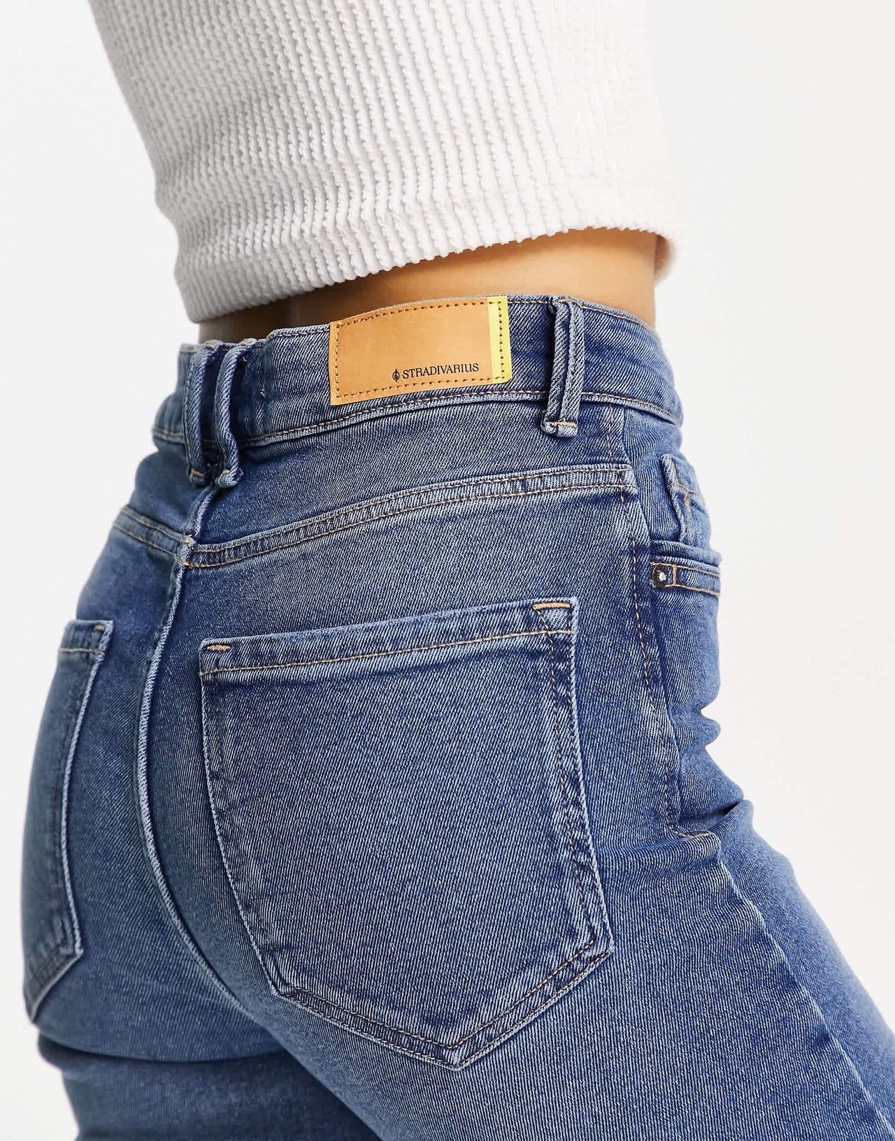 Stradivarius Petite slim mom jean with stretch in authentic blue
