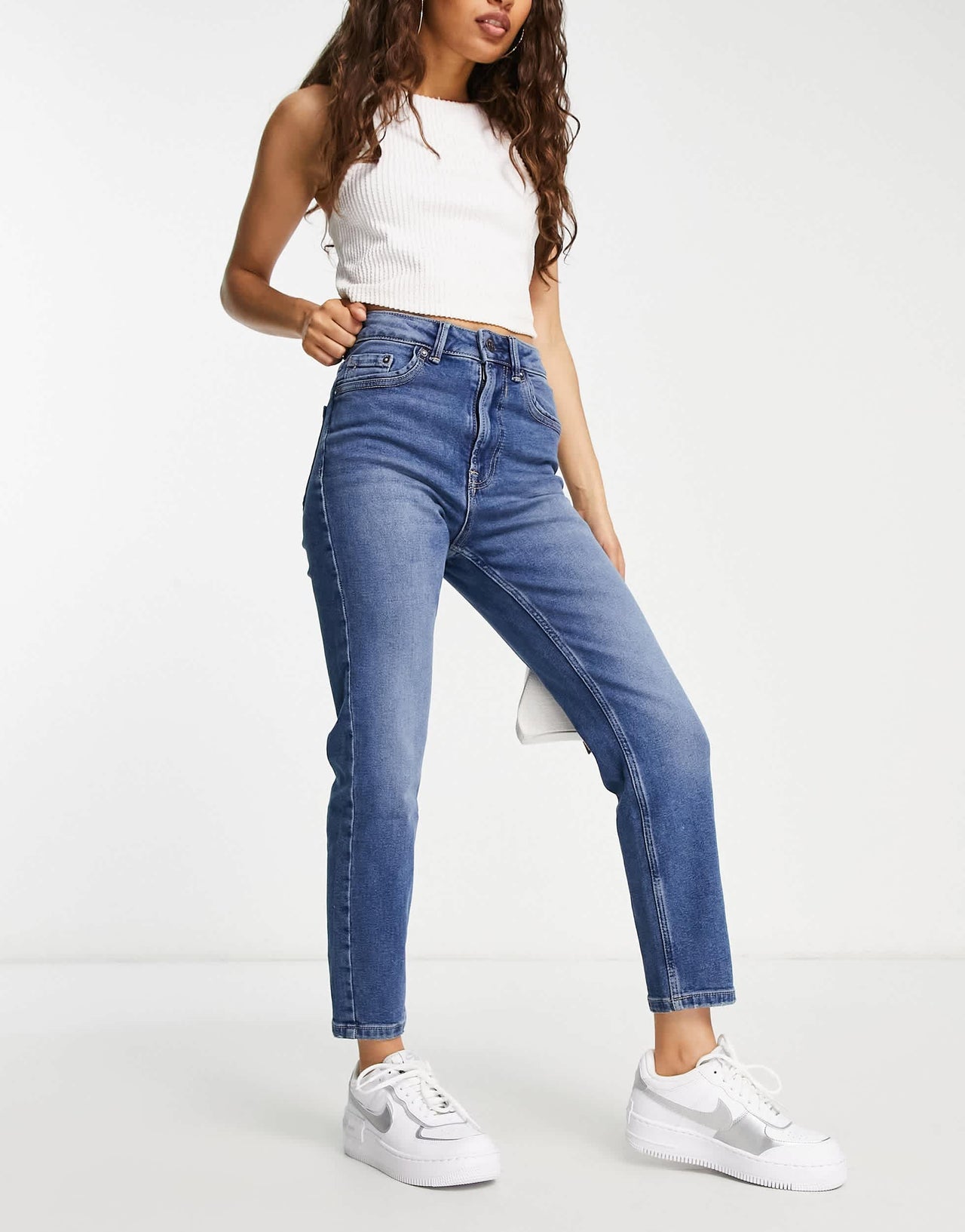 Stradivarius Petite slim mom jean with stretch in authentic blue