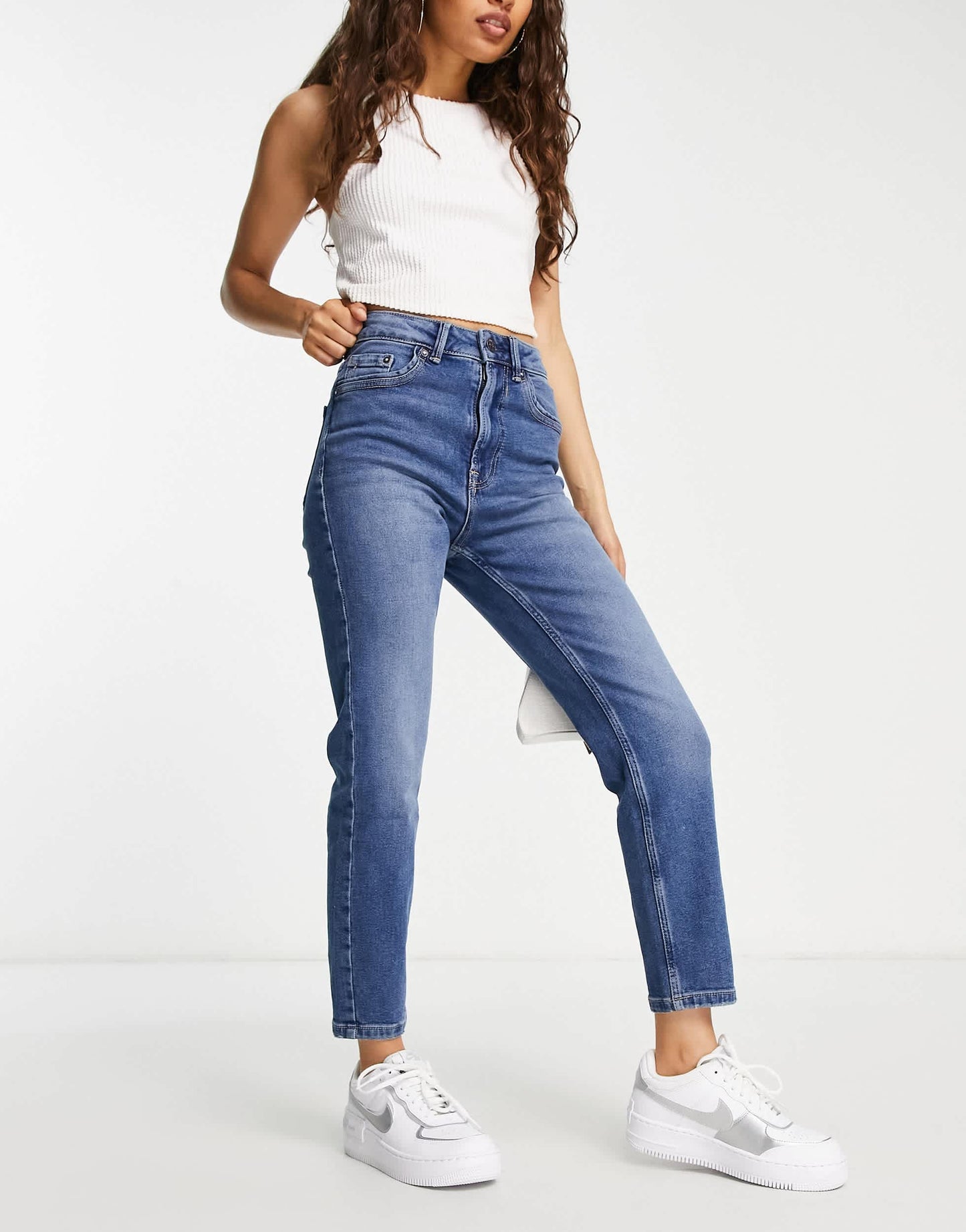 Stradivarius Petite slim mom jean with stretch in authentic blue
