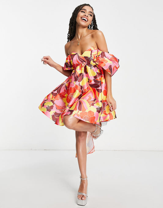 ASOS LUXE off shoulder baby doll mini dress in bright floral print