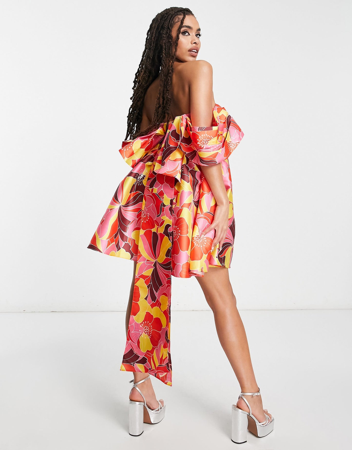 ASOS LUXE off shoulder baby doll mini dress in bright floral print
