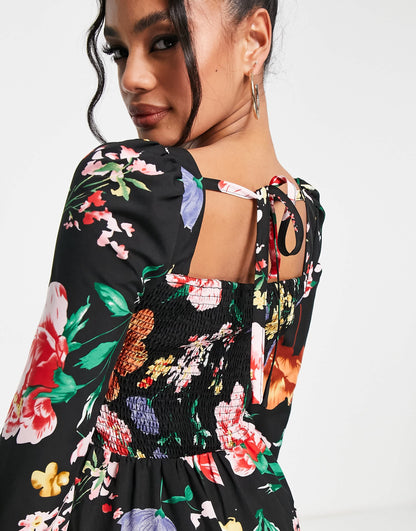 QED London square neck ruched bust tie back midi dress in large floral print