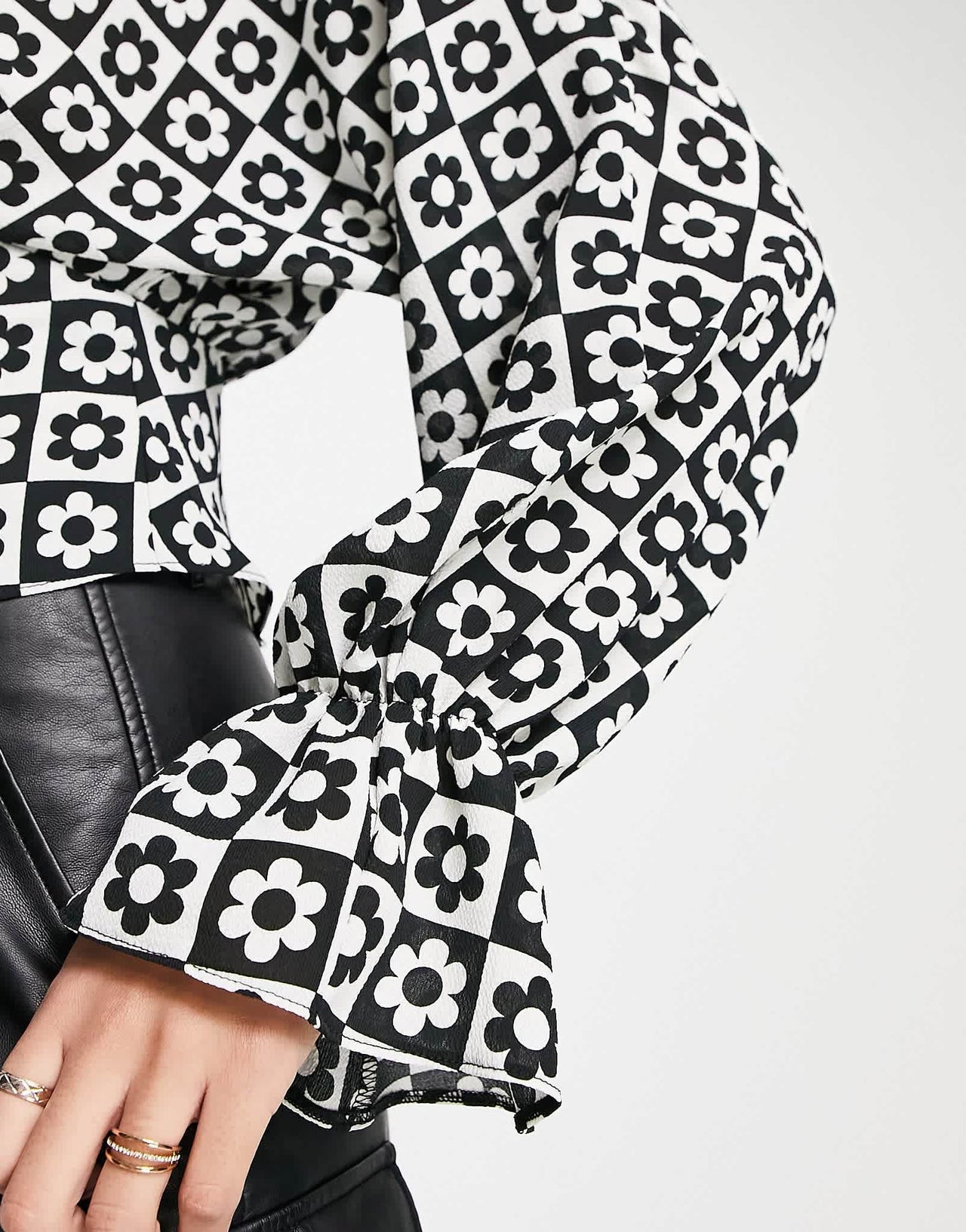 ASOS DESIGN pleat front long sleeve blouse with button front in flower mono check