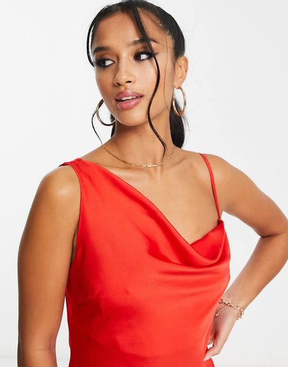Lola May Petite satin ruched asymmetric shoulder mini dress in red