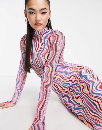 AFRM shailene turtleneck long sleeve mesh midi dress in swirl print