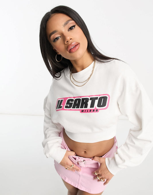 Il Sarto red logo cropped sweatshirt in white