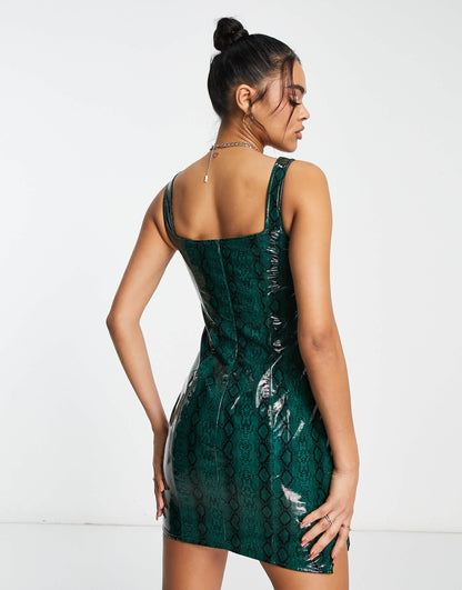 Kaiia exclusive vinyl corset detail mini dress in green snake