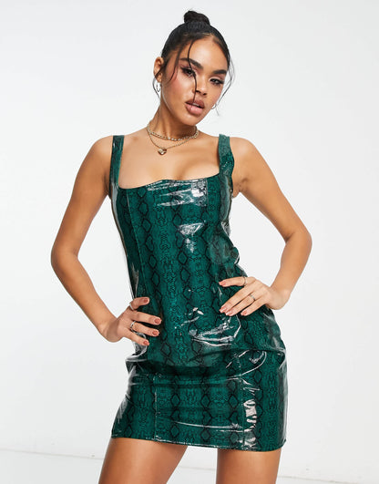 Kaiia exclusive vinyl corset detail mini dress in green snake