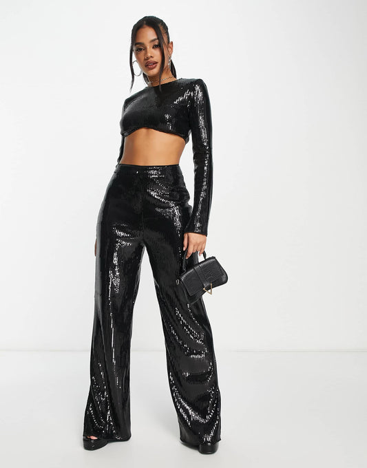Kaiia exclusive sequin wide leg trouser co-ord in black