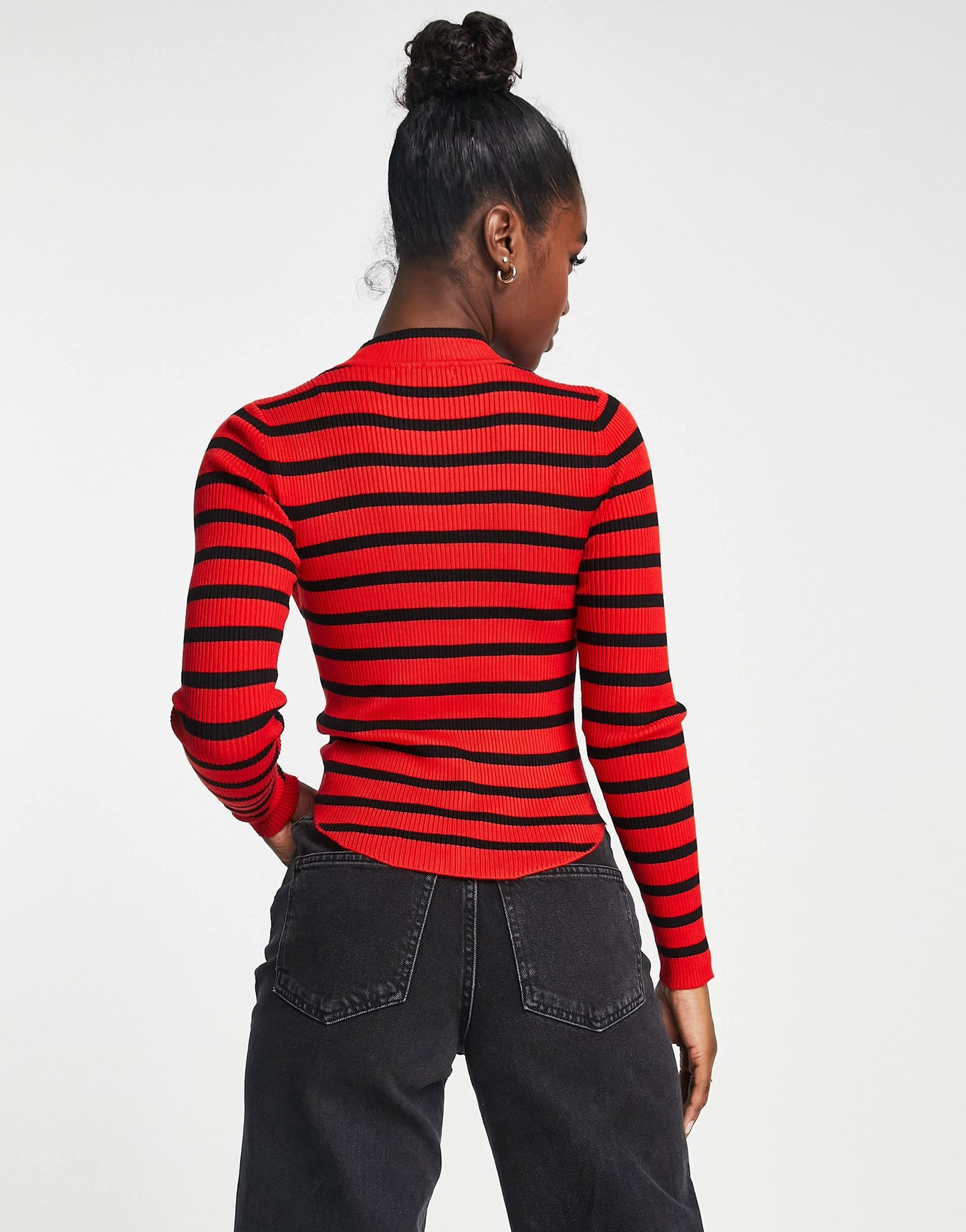 Stradivarius high neck knit jumper in red & black stripe