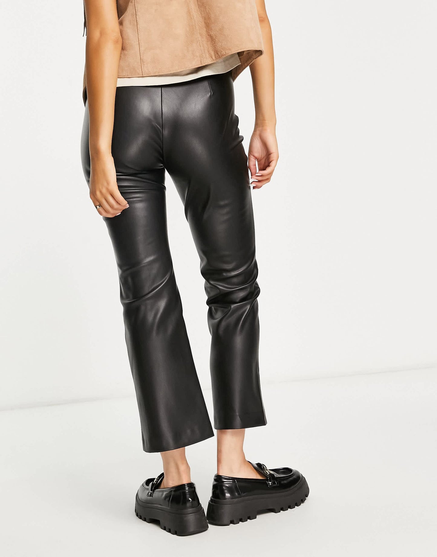 Stradivarius straight leg faux leather trouser in black