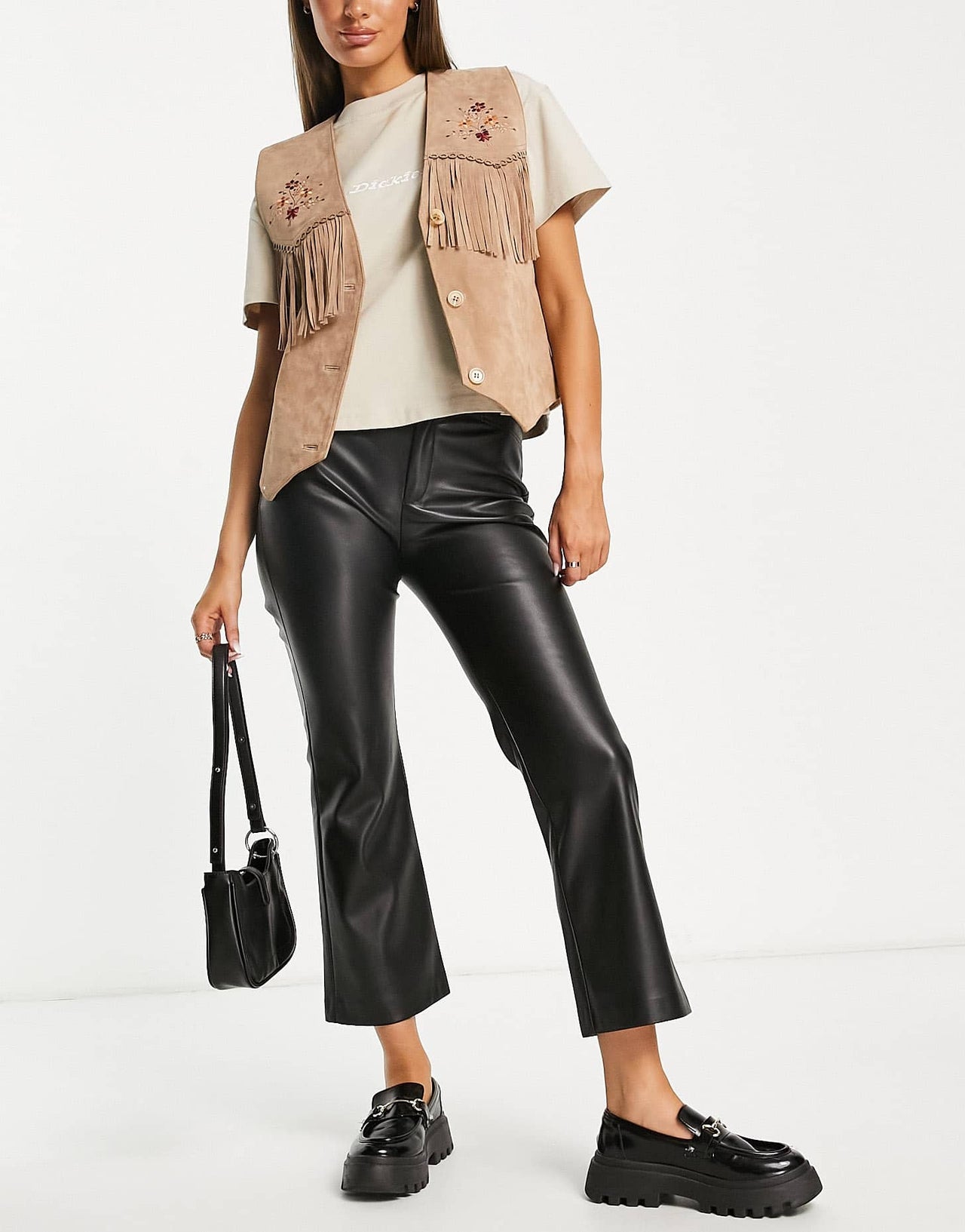 Stradivarius straight leg faux leather trouser in black