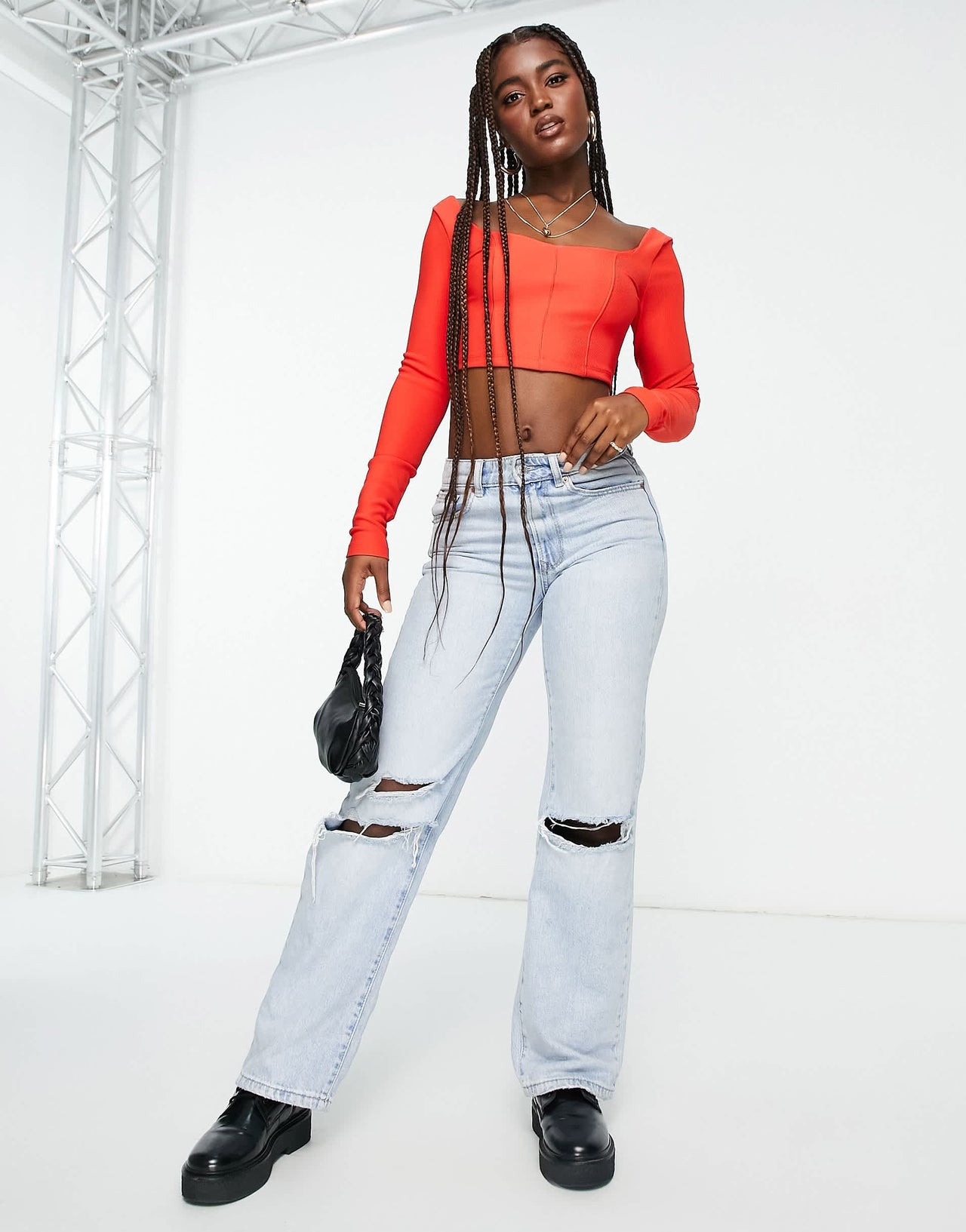 Stradivarius long sleeve structured rib corset top in red