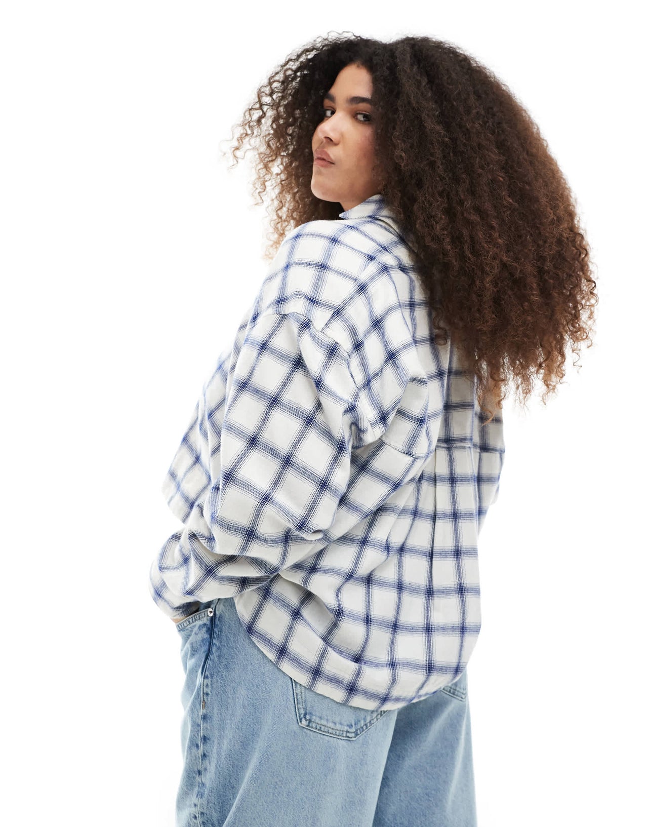 Madewell Plus cropped long sleeve shirt in royal blue and cream check