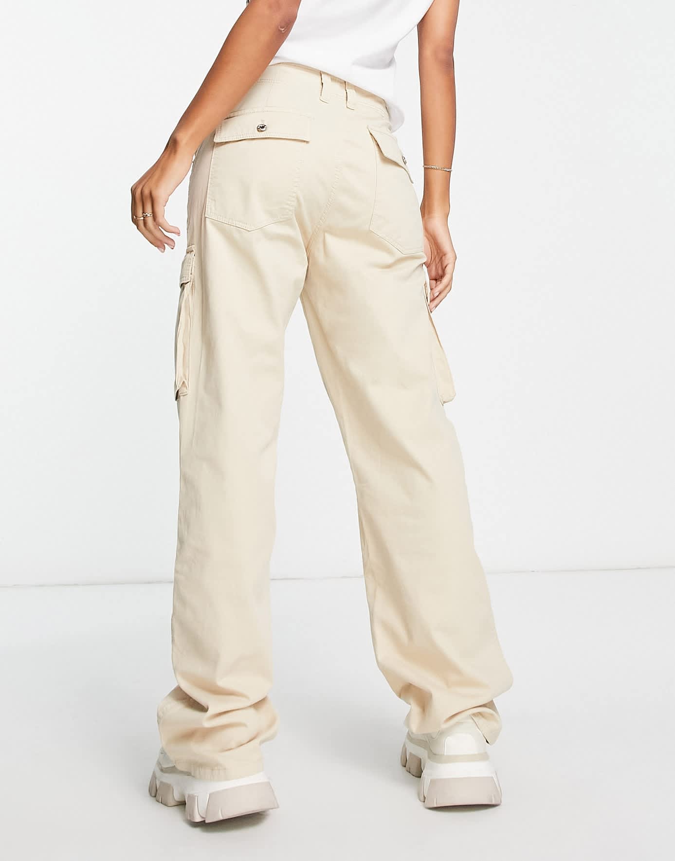 Bershka straight leg cargo trousers in beige