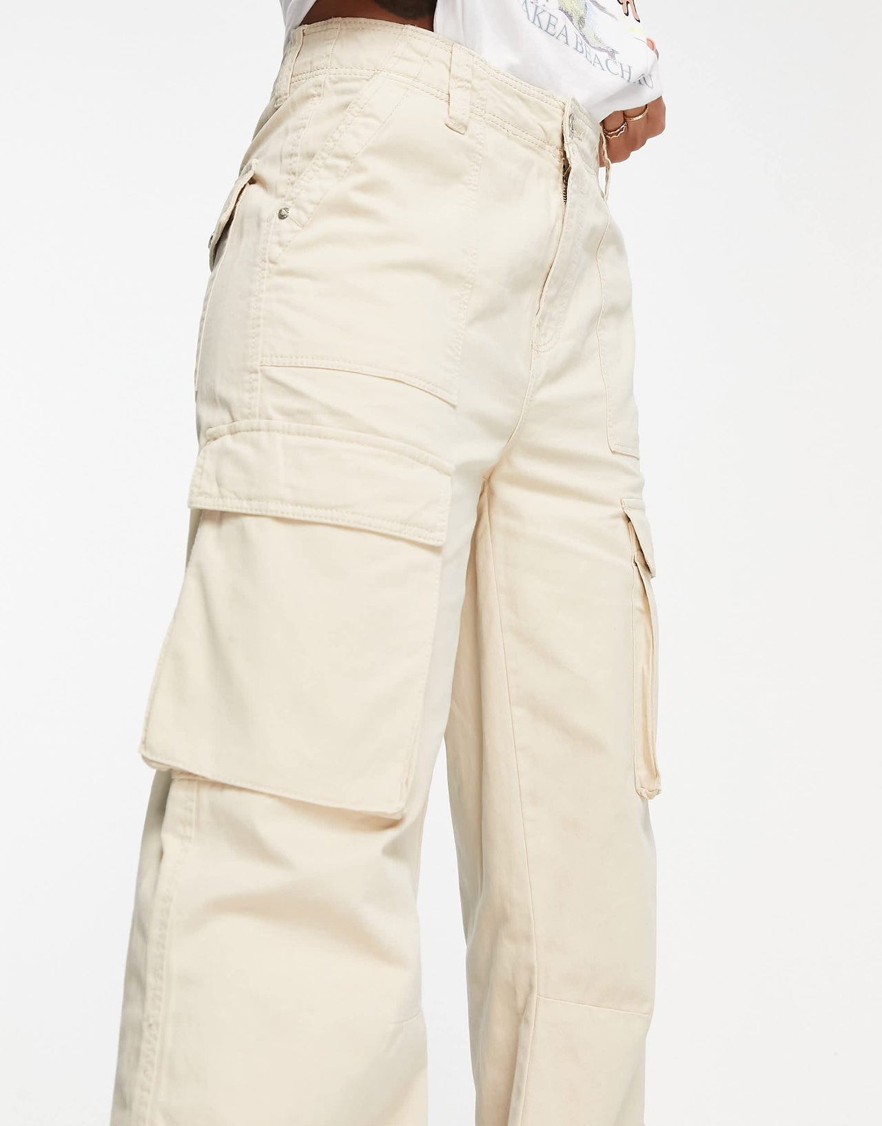 Bershka straight leg cargo trousers in beige