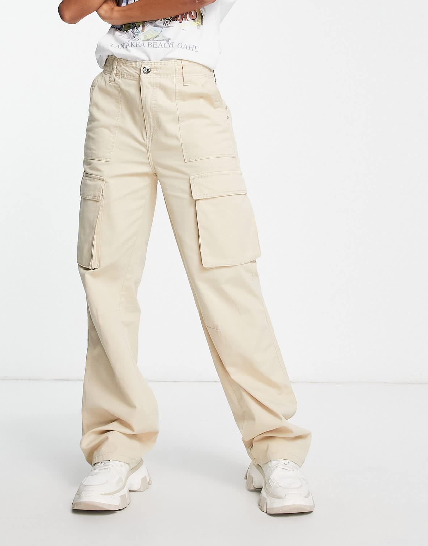 Bershka straight leg cargo trousers in beige