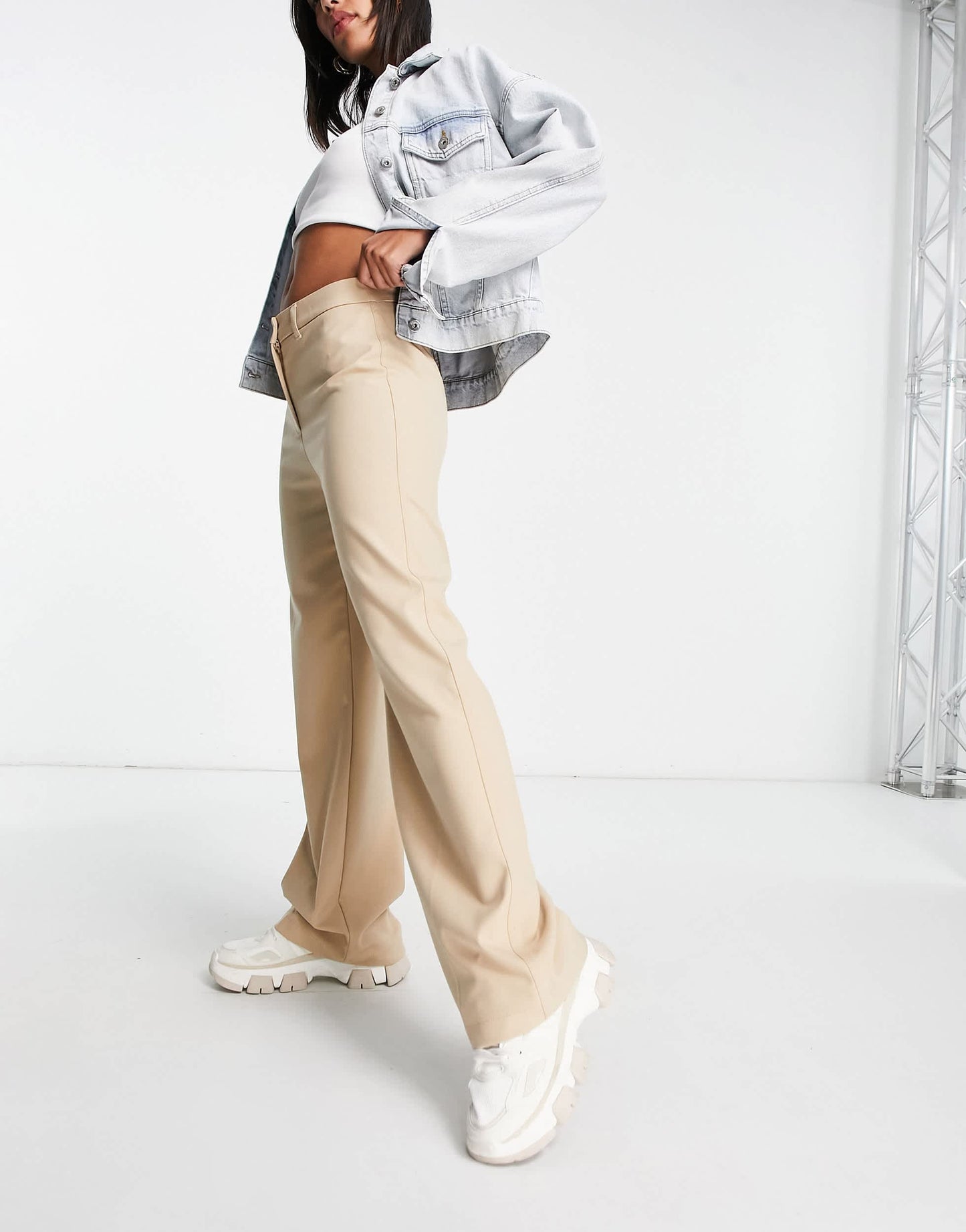 Bershka wide leg slouchy dad tailored trousers in camel