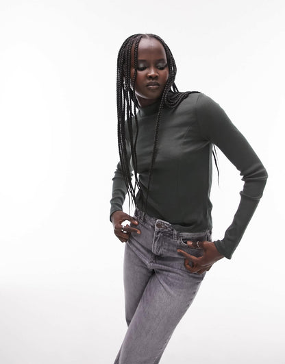 Topshop long sleeve funnel neck top in dark green
