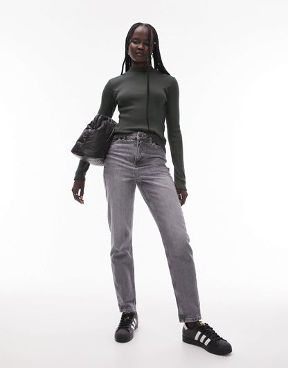 Topshop long sleeve funnel neck top in dark green