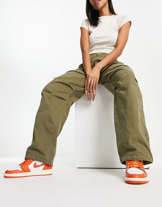 Bershka baggy parachute tech pant in khaki