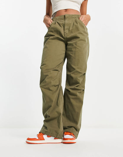 Bershka baggy parachute tech pant in khaki