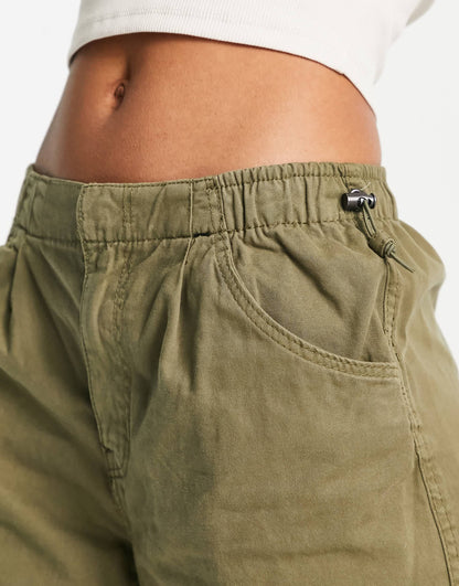 Bershka baggy parachute tech pant in khaki