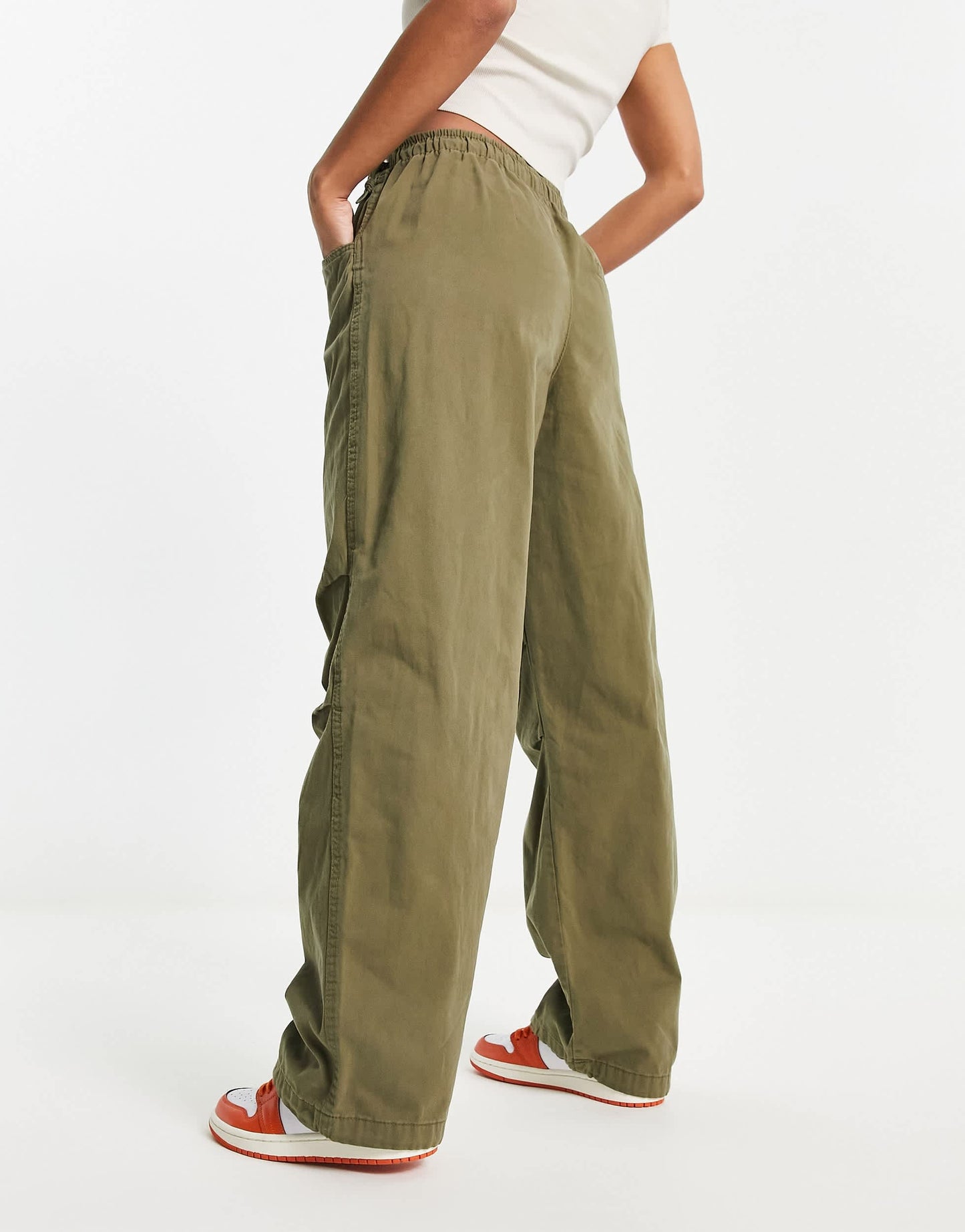 Bershka baggy parachute tech pant in khaki