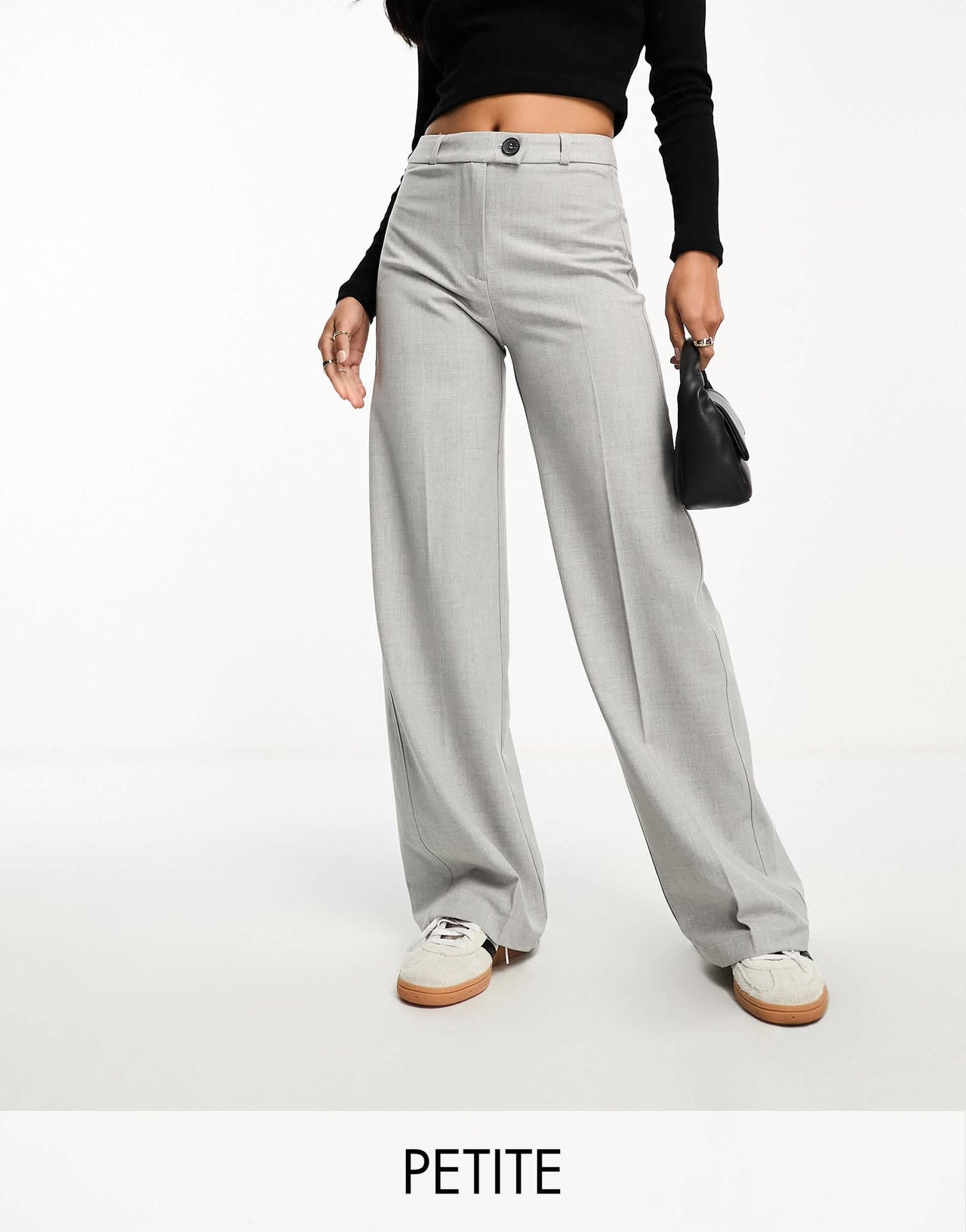 Bershka Petite wide leg slouchy dad tailored trousers in washed grey