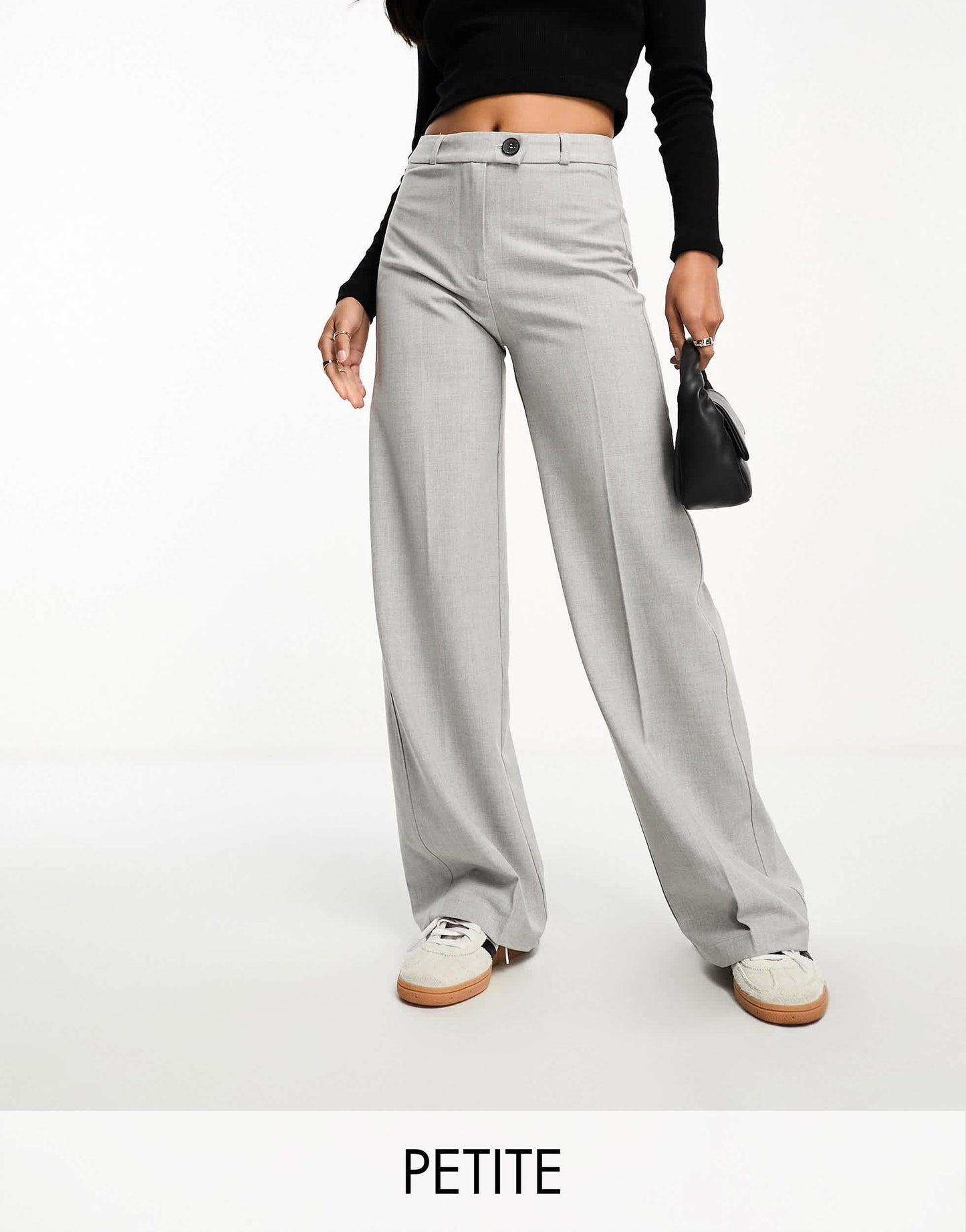 Bershka Petite wide leg slouchy dad tailored trousers in washed grey