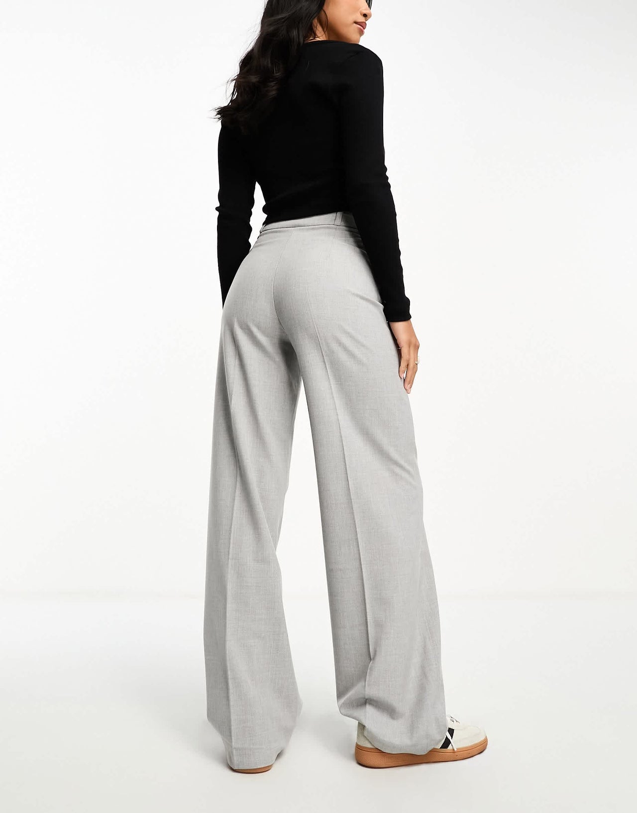 Bershka Petite wide leg slouchy dad tailored trousers in washed grey