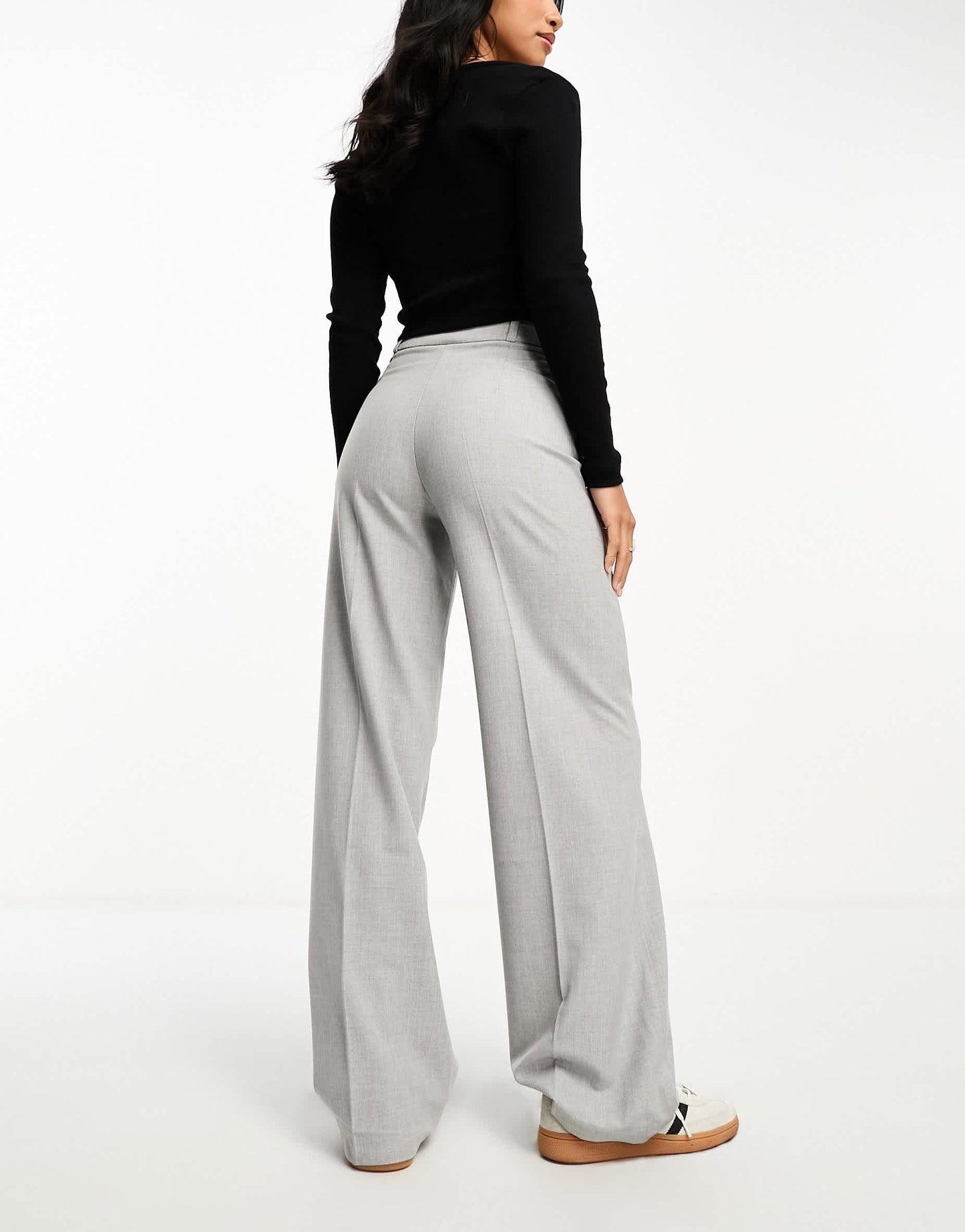 Bershka Petite wide leg slouchy dad tailored trousers in washed grey