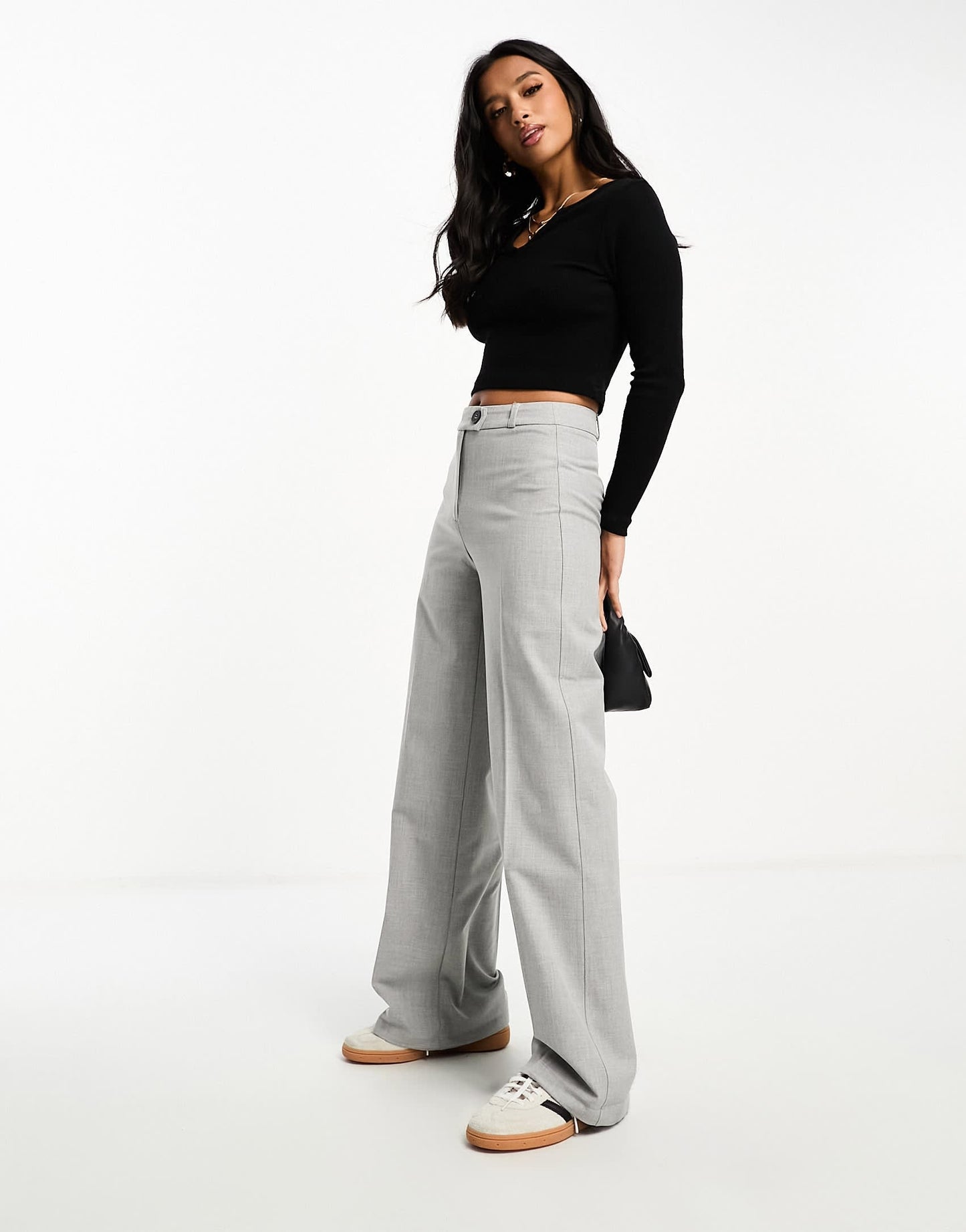 Bershka Petite wide leg slouchy dad tailored trousers in washed grey