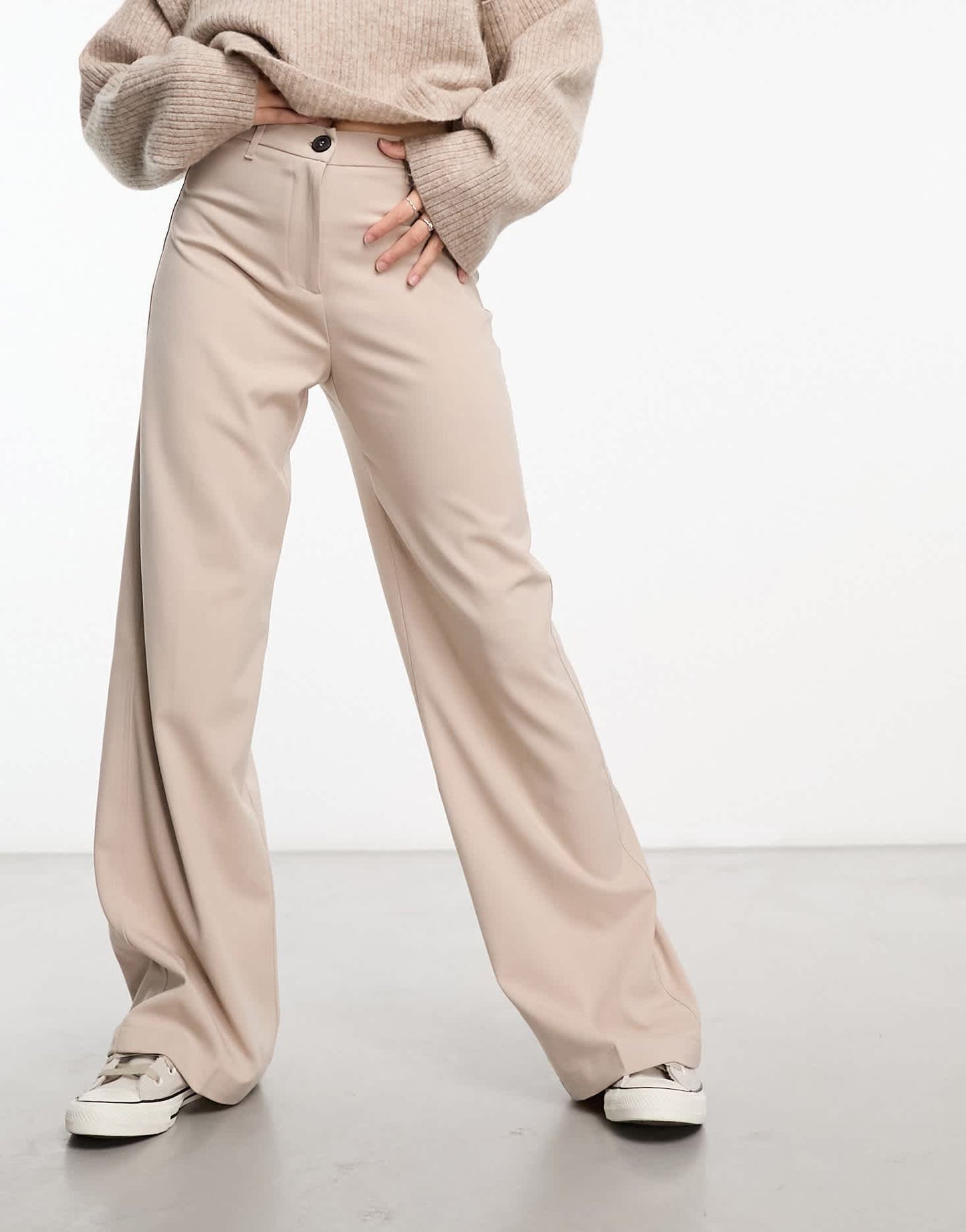 Bershka wide leg tailored trousers in beige