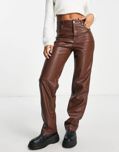 Bershka faux leather straight leg trouser in brown