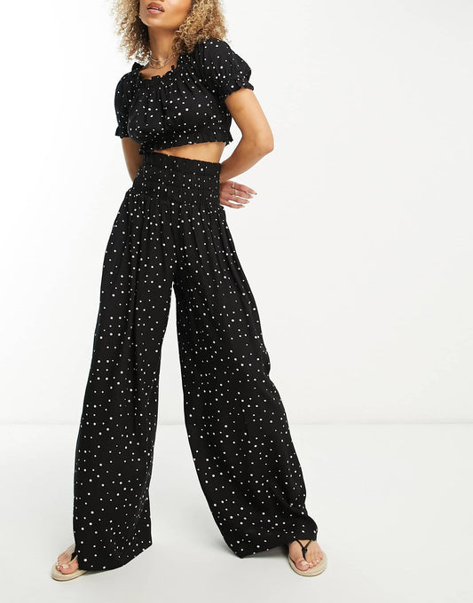 Esmee Exclusive beach shirred wide leg trouser co-ord in black polka dot