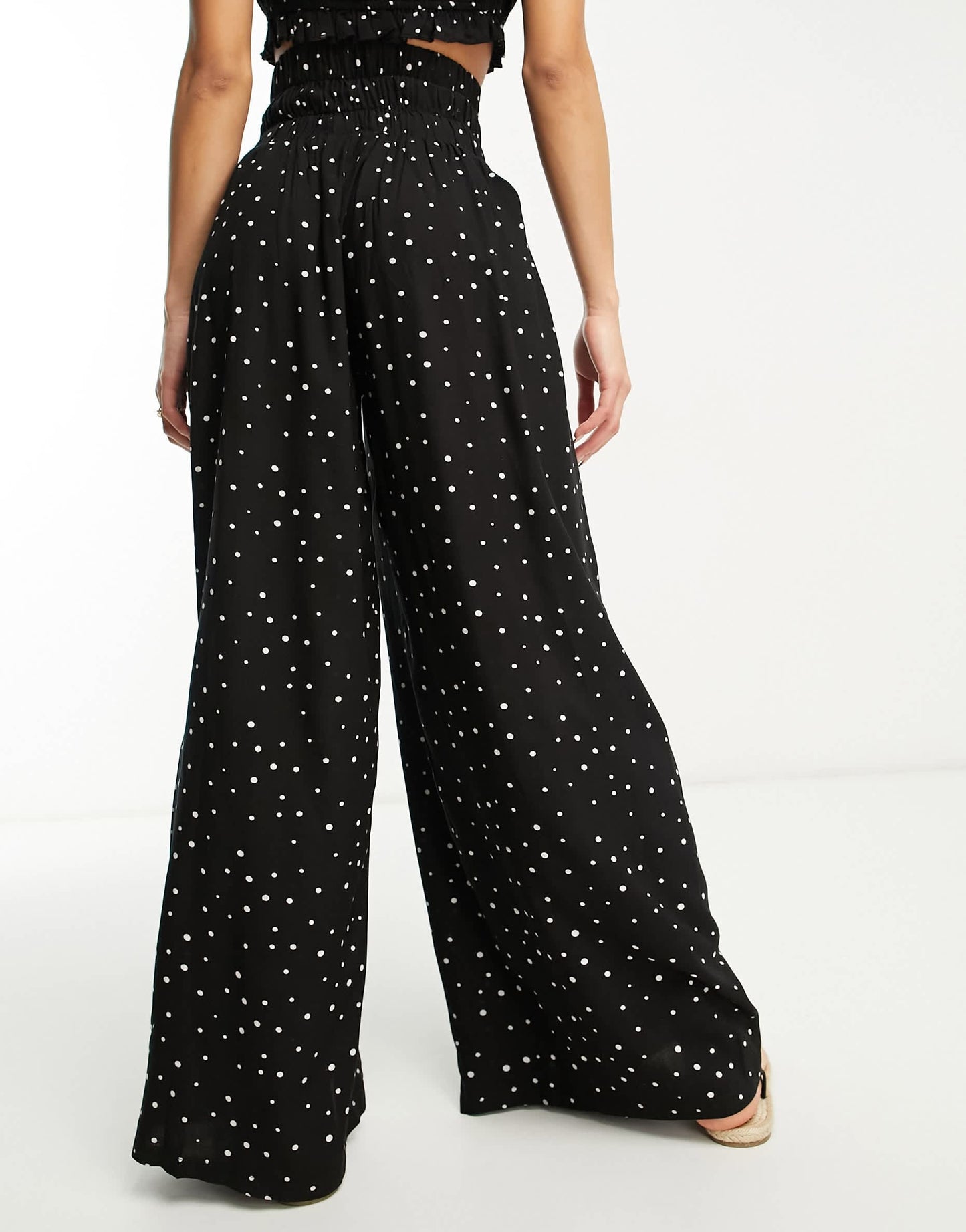 Esmee Exclusive beach shirred wide leg trouser co-ord in black polka dot