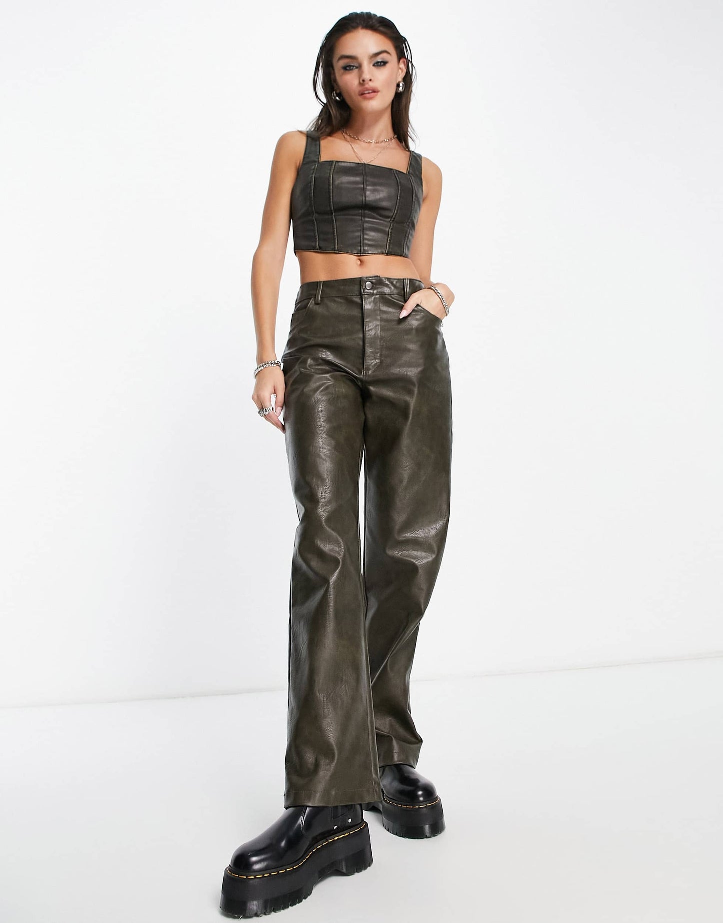 Bershka washed out faux leather corset crop top in black