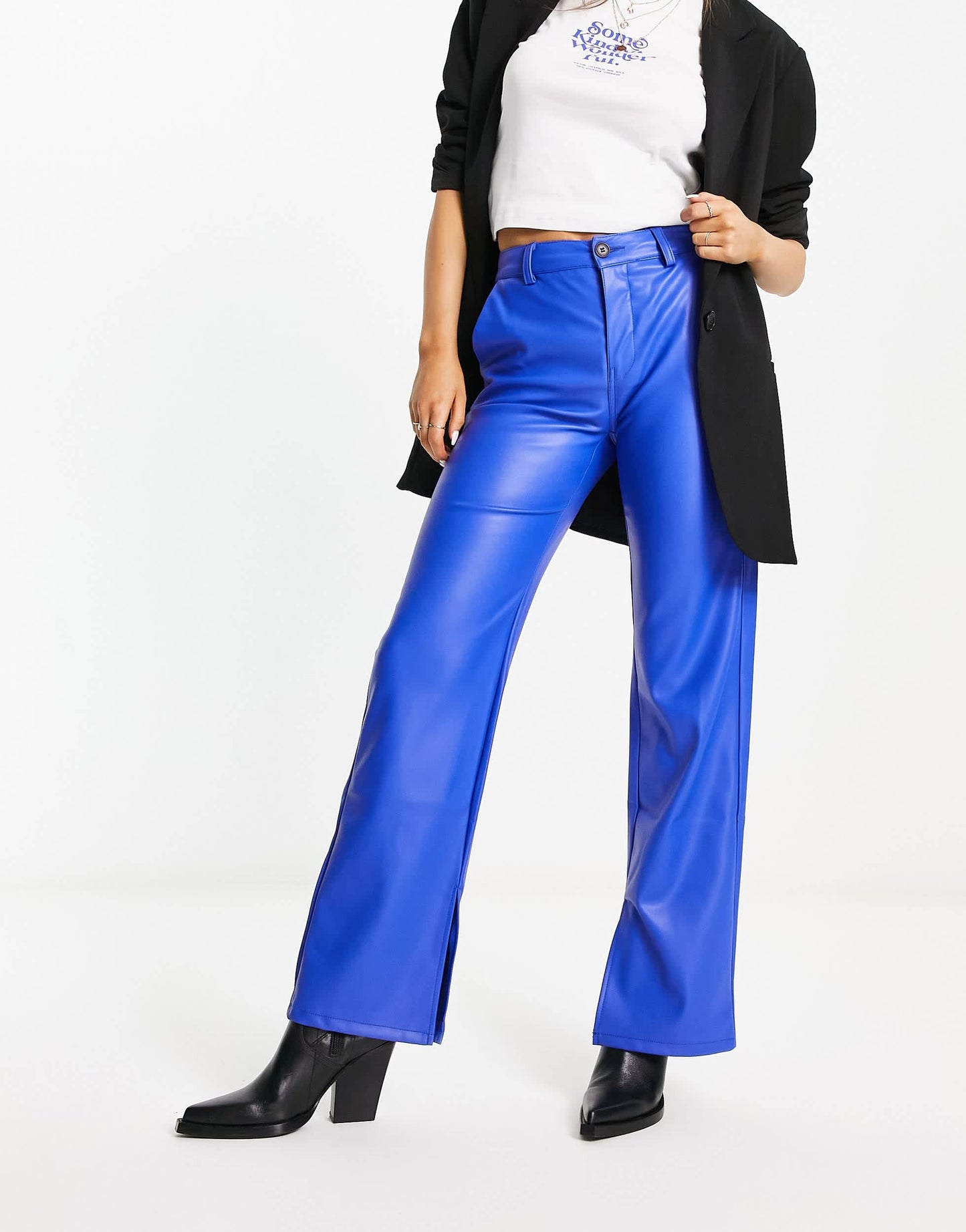 Bershka faux leather wide leg tailored trousers in blue