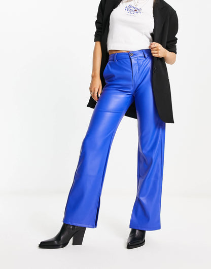 Bershka faux leather wide leg tailored trousers in blue