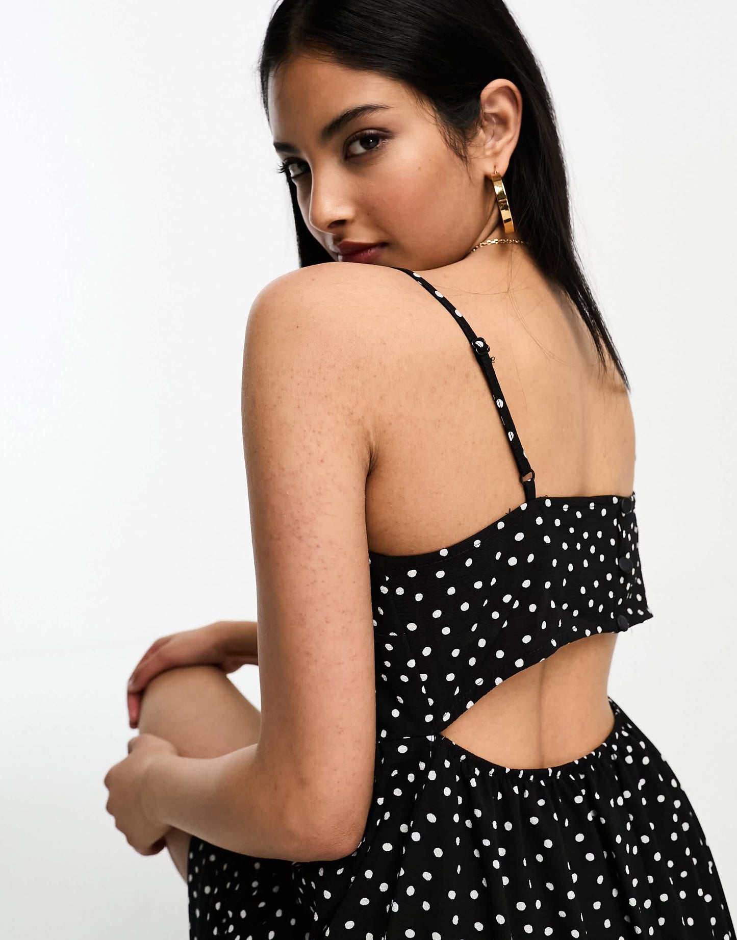 ASOS DESIGN open back tiered hi low hem maxi dress in mono spot