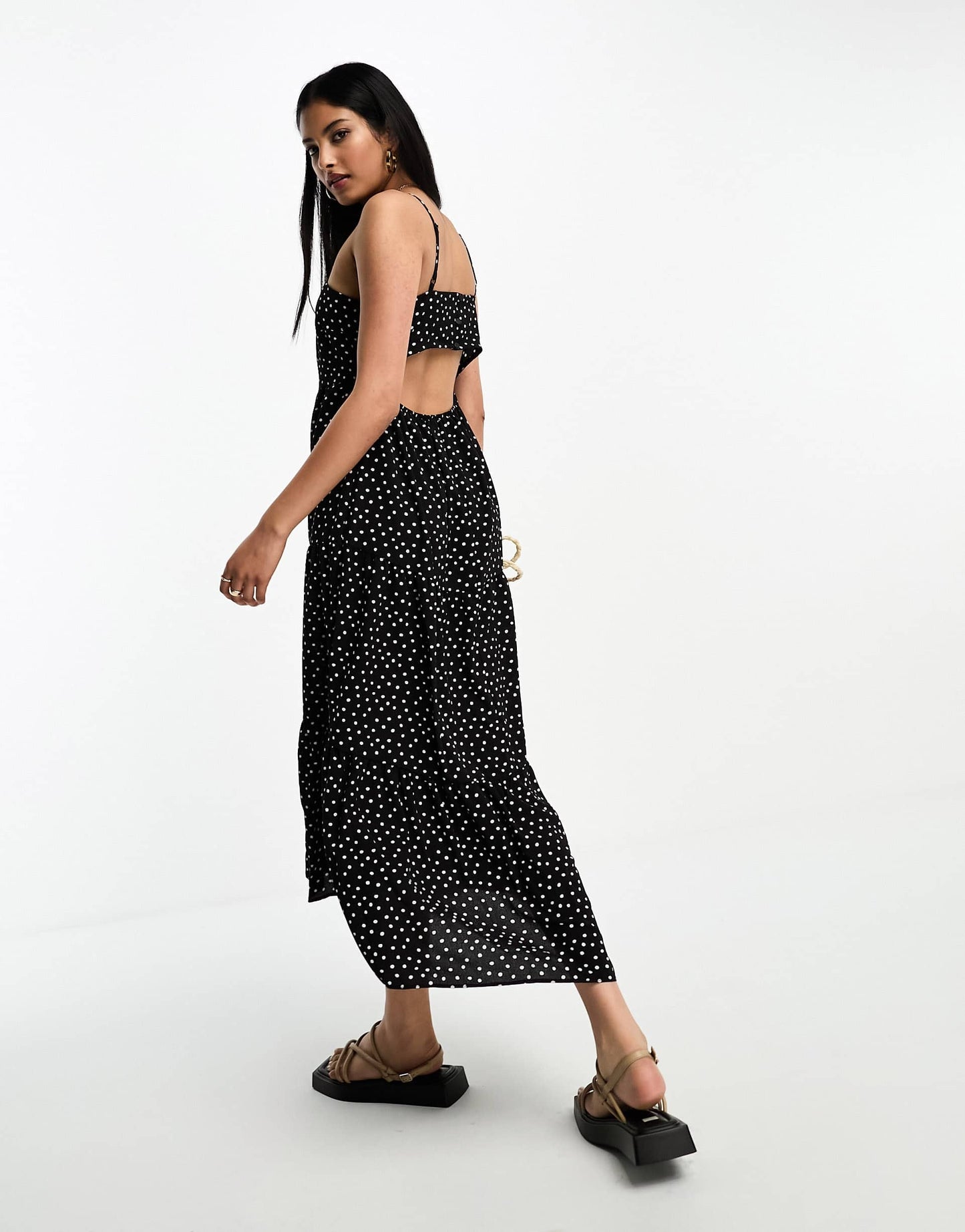 ASOS DESIGN open back tiered hi low hem maxi dress in mono spot
