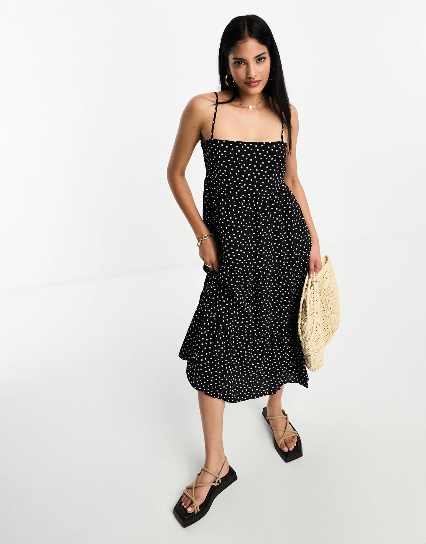 ASOS DESIGN open back tiered hi low hem maxi dress in mono spot